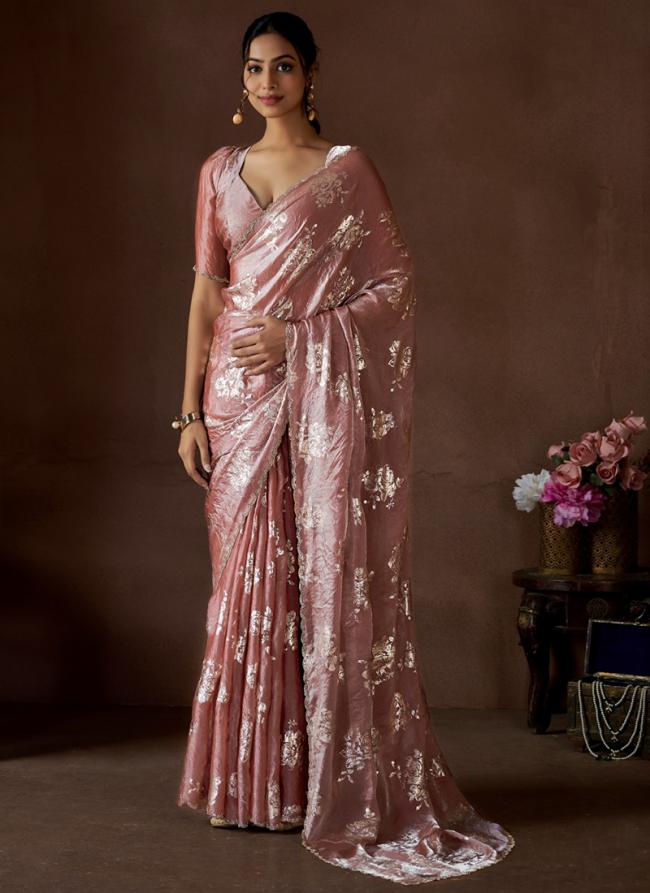 Sattin Silk Peach Party Wear Hand Work Saree